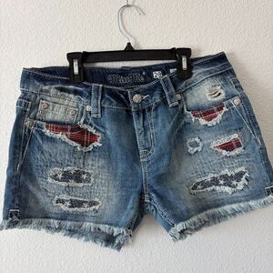 Miss Me Stars & Stripes Cut Off Fringe Shorts Size 29 Patriotic American Flag
